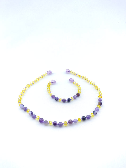 Lemon Baltic Amber ,Amethyst  and Purple agate natural stone set.