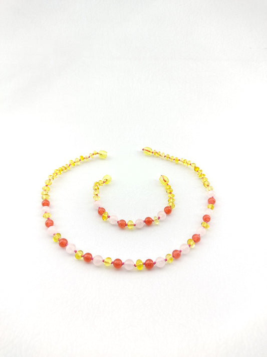 Lemon Baltic Amber , Rose Quartz and Ceyd Necklace and Bracelet sets