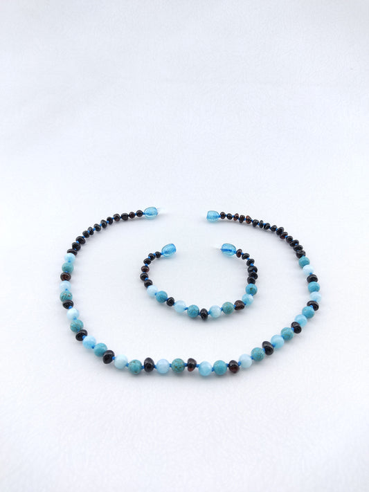 Dark Cherry  Baltic Amber , Turquoise and Amazonite natural stone necklace and bracelet set .