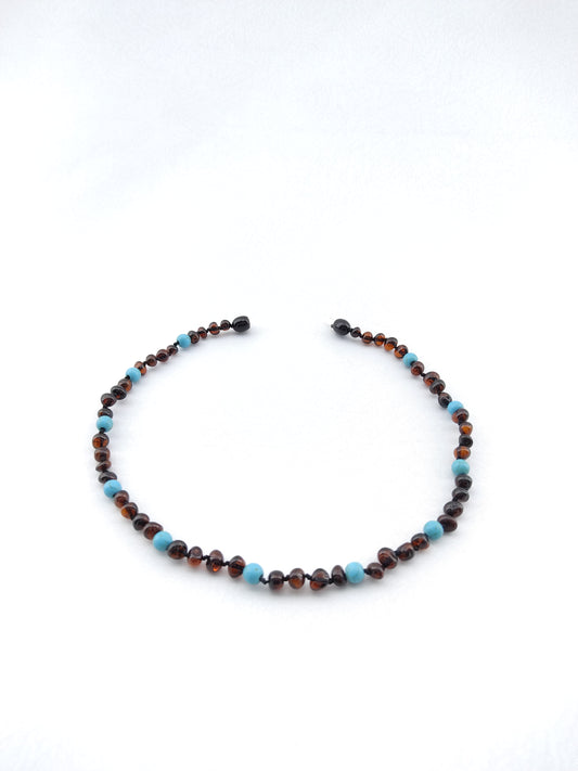 Dark cherry baltic amber mixed with 'Firuze " natural stone necklace .