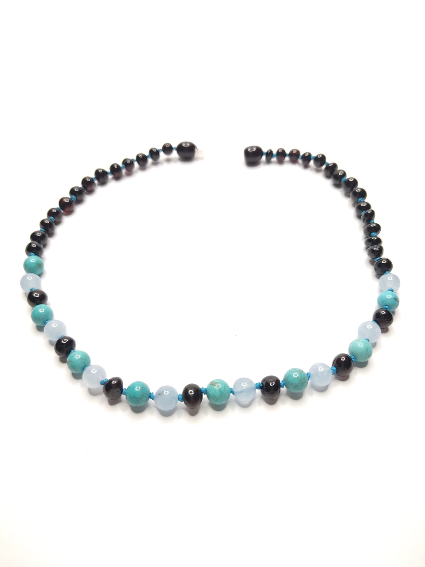 Dark Cherry  Baltic Amber , Turquoise and Amazonite natural stone necklace.