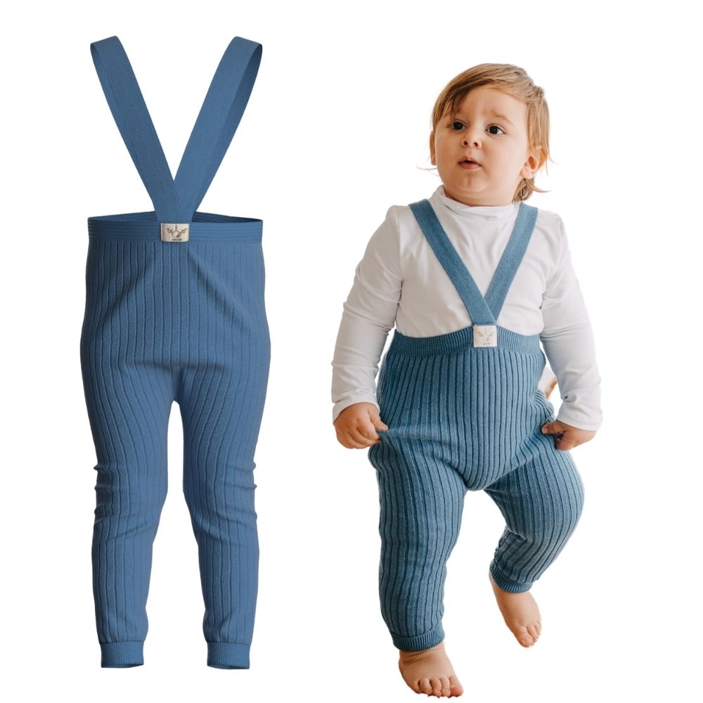 Organic Knitted Baby Tight with Suspenders-Indigo
