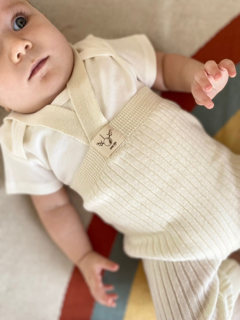 Organic Knitted Baby Tight with Suspenders -Cream