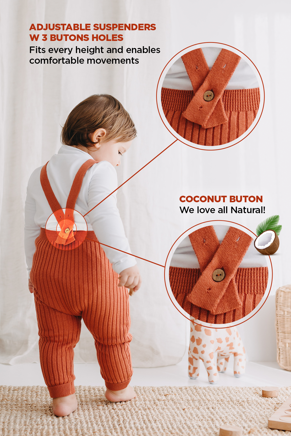 Organic Knitted Baby Tight with Suspenders-Brick Red