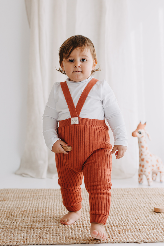 Organic Knitted Baby Tight with Suspenders-Brick Red
